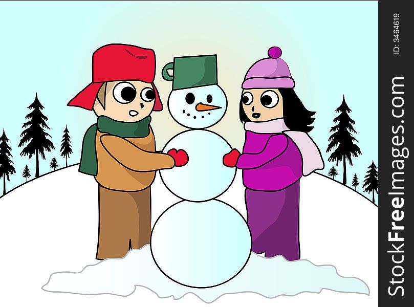 Kids building snowman cartoon kids