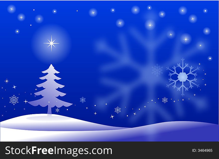 Stars glowing above a fir tree and hills on a clear winter night. Stars glowing above a fir tree and hills on a clear winter night