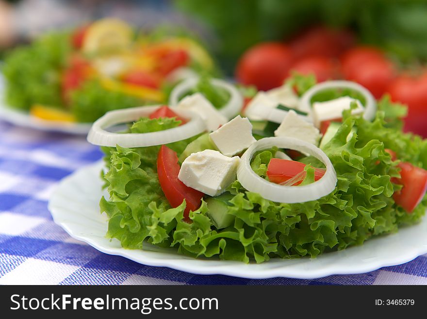 Delicious vegetable salad with tomato, onion and cucumber. Delicious vegetable salad with tomato, onion and cucumber