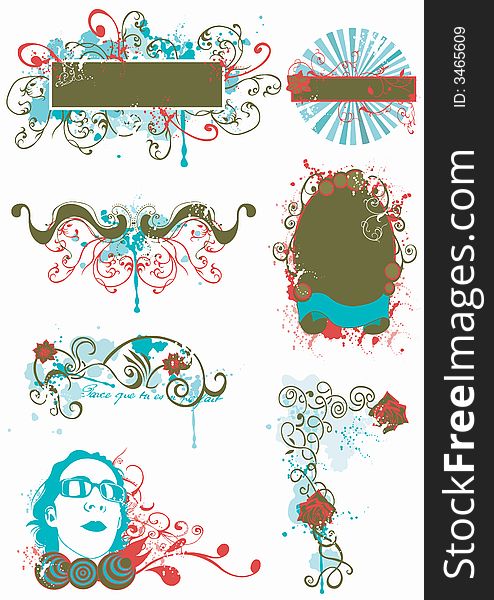 Illustration of grungy frames and decorative patterns. Illustration of grungy frames and decorative patterns