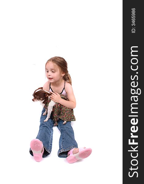 Small girl and her chihuahua on the white background. Small girl and her chihuahua on the white background