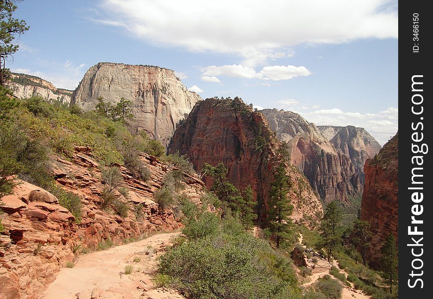 The picture of Great White Throne taken on West Rim Trail in Zion National Park.