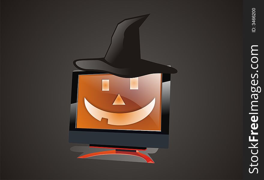 Black Halloween lcd monitor isolated with black background with Hat too. Black Halloween lcd monitor isolated with black background with Hat too