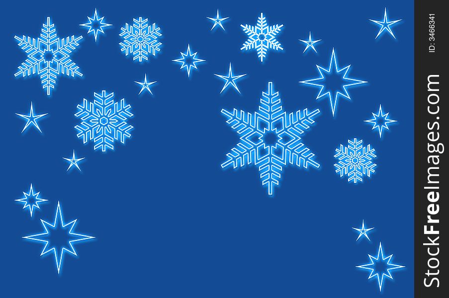 Snowflakes with neon light, blue christmas background