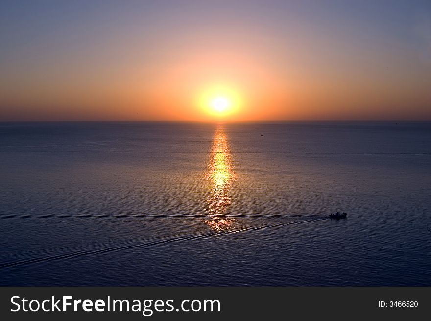 Evening on the Black sea. Last ship on the way to the home. Evening on the Black sea. Last ship on the way to the home.