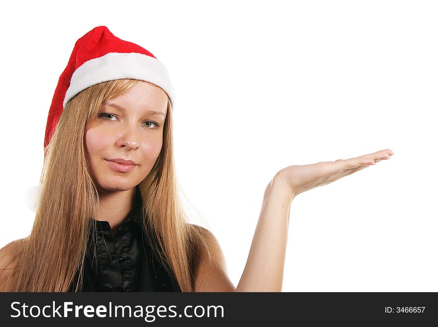 Santa girl holding something on her hand isolated over white background
