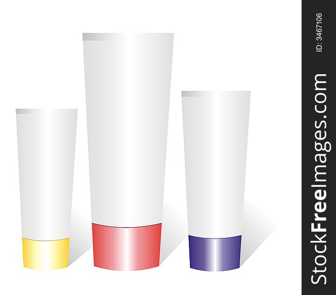 Figure of three tubes for a cream with covers of different colors on a white background