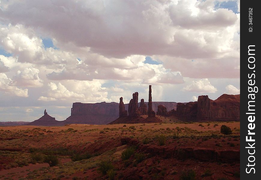 The picture of Totem Pole and Ye-Bi-Chei taken from Valley Drive in Monument Valley