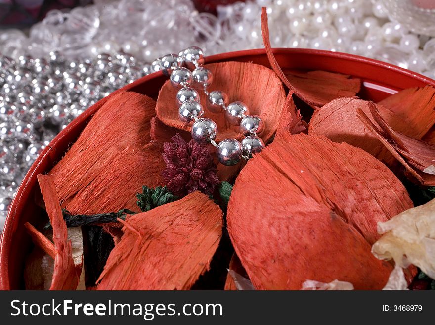 Christmas decoration setup with diverse objects