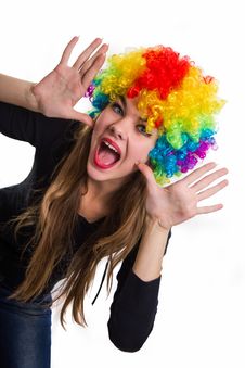 Head Of The Cheerful Girl Multi-colored Wig Royalty Free Stock Photos Head Of The Cheerful Girl Multi-colored Wig Royalty Free Stock Photos