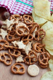 Crackers, Potatoes And Hazelnuts On The Table Royalty Free Stock Images Crackers, Potatoes And Hazelnuts On The Table Royalty Free Stock Images