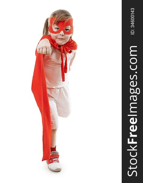 Superhero little girl in a red raincoat and a mask. Superhero little girl in a red raincoat and a mask