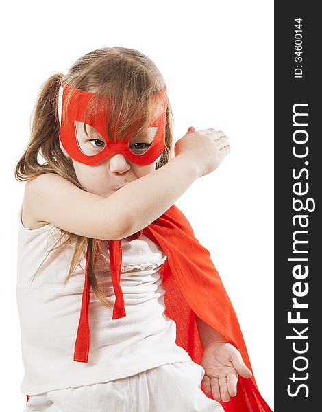 Superhero little girl in a red raincoat and a mask. Superhero little girl in a red raincoat and a mask