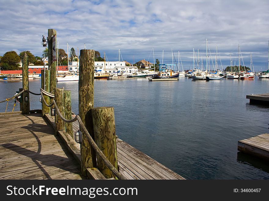 Fishing harbor in Maine, from the perspective of standing on the dock.