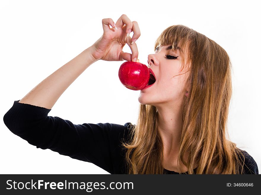 Pretty, Young Girl And Red Apple.