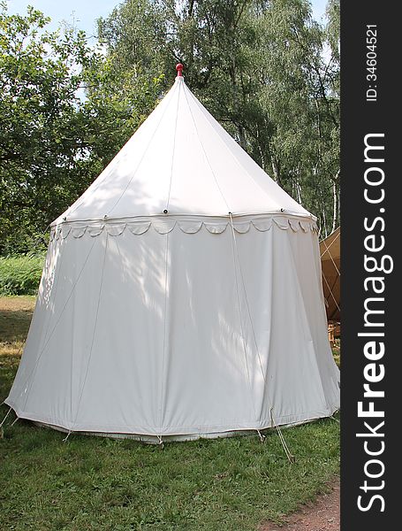 A Replica of a Medieval White Camping Tent.