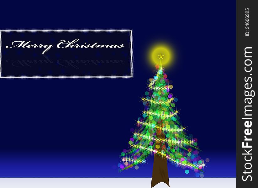 Christmas postcard with a decorated tree on blue gradient background. Christmas postcard with a decorated tree on blue gradient background