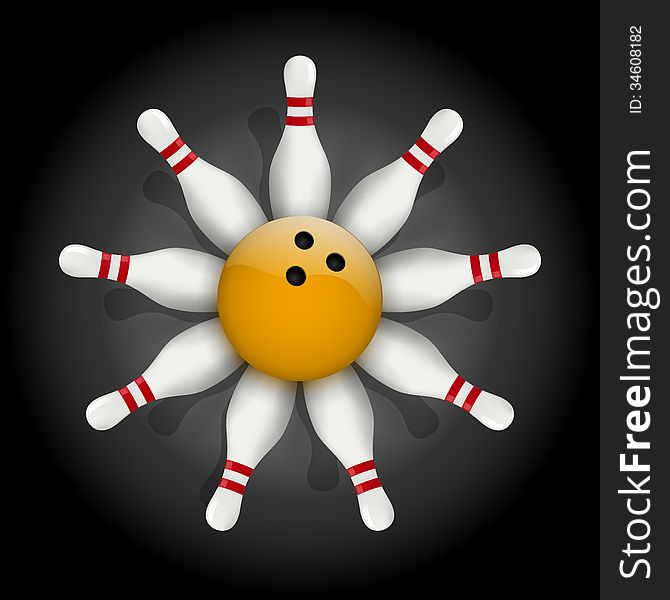 Background of bowling pins and ball with a flower. Illustration of sports competitions.