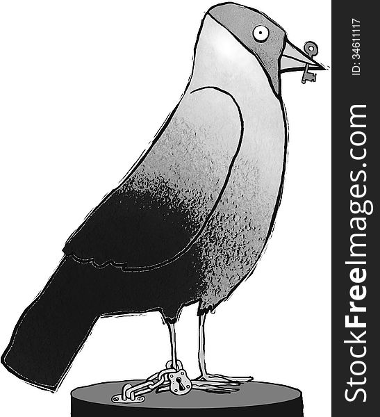 Jackdaw bird locked to plinth with key in beak. Jackdaw bird locked to plinth with key in beak