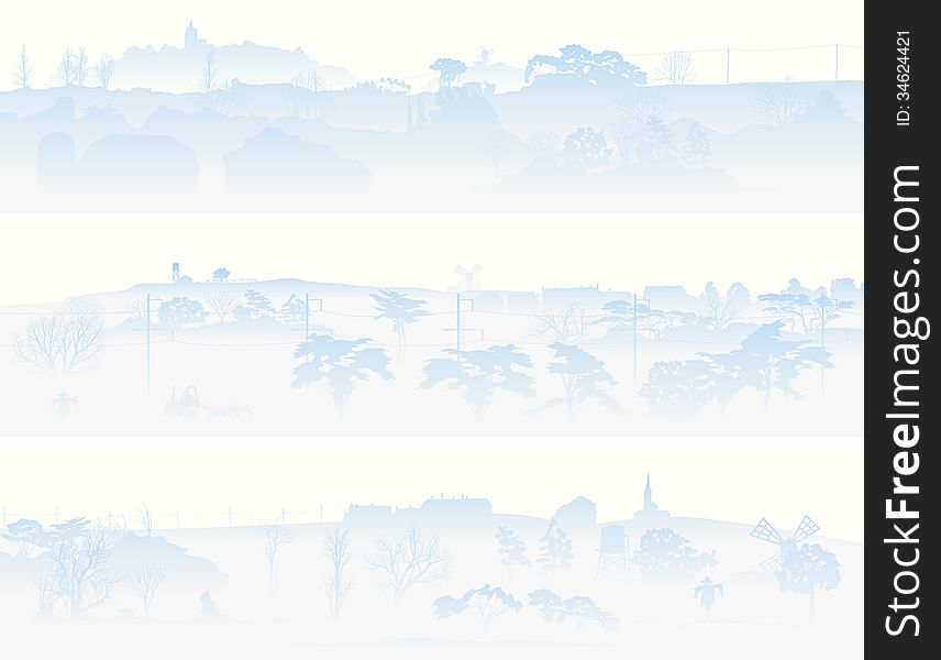Horizontal banners of morning misty valley with lonely trees and buildings in pale blue tone. Horizontal banners of morning misty valley with lonely trees and buildings in pale blue tone.