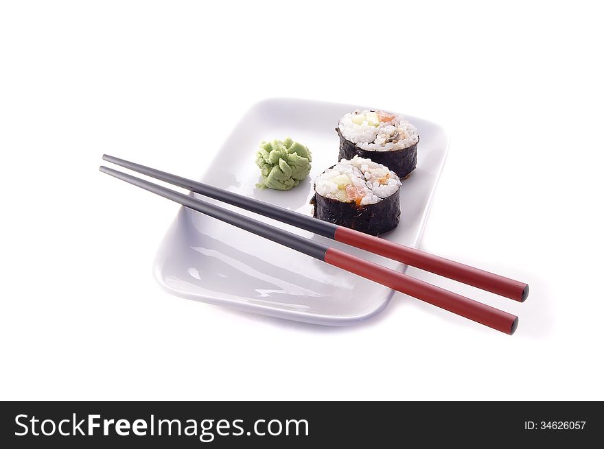 Sushi on a plate with chopsticks. Sushi on a plate with chopsticks