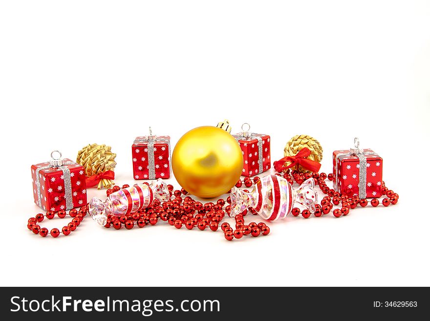 Red Christmas toys on a white background. Red Christmas toys on a white background