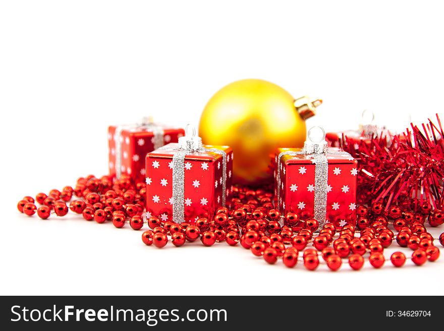 Red Christmas toys on a white background. Red Christmas toys on a white background