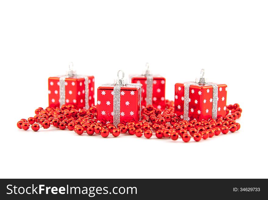 Red Christmas toys on a white background. Red Christmas toys on a white background