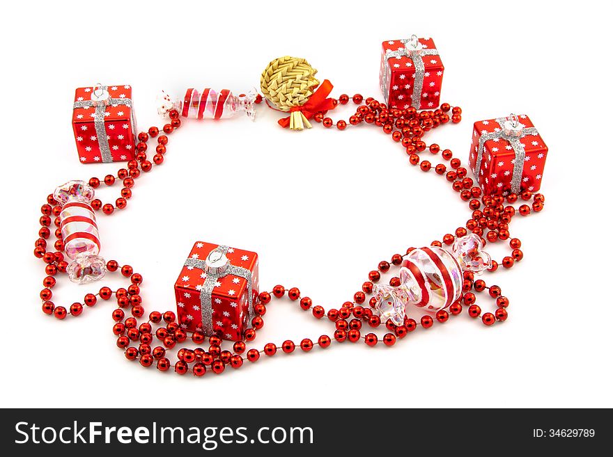 Red Christmas toys on a white background. Red Christmas toys on a white background