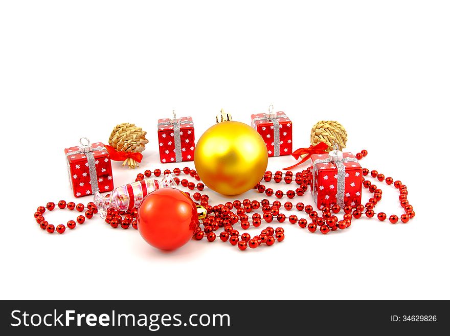 Red Christmas toys on a white background. Red Christmas toys on a white background