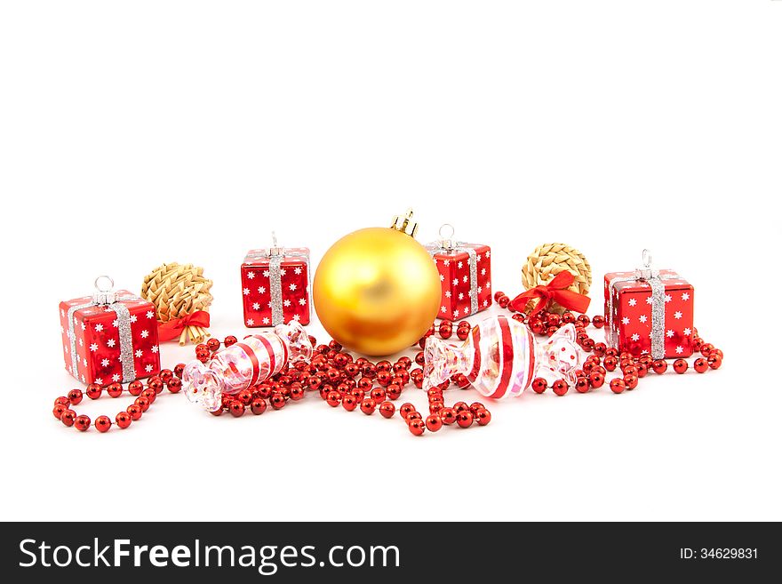 Red Christmas toys on a white background. Red Christmas toys on a white background