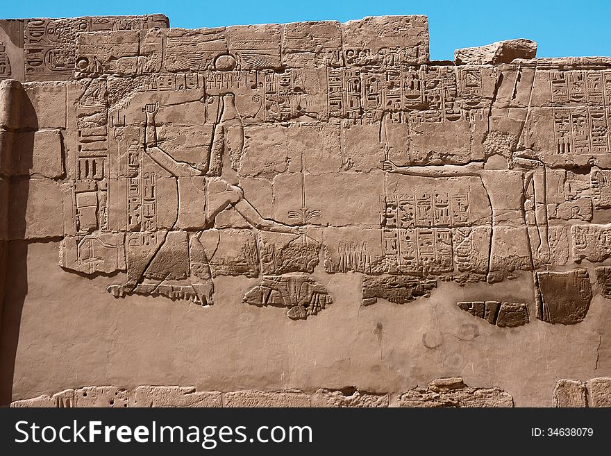 Egyptian hieroglyphs on the wall of Karnak temple in Luxor