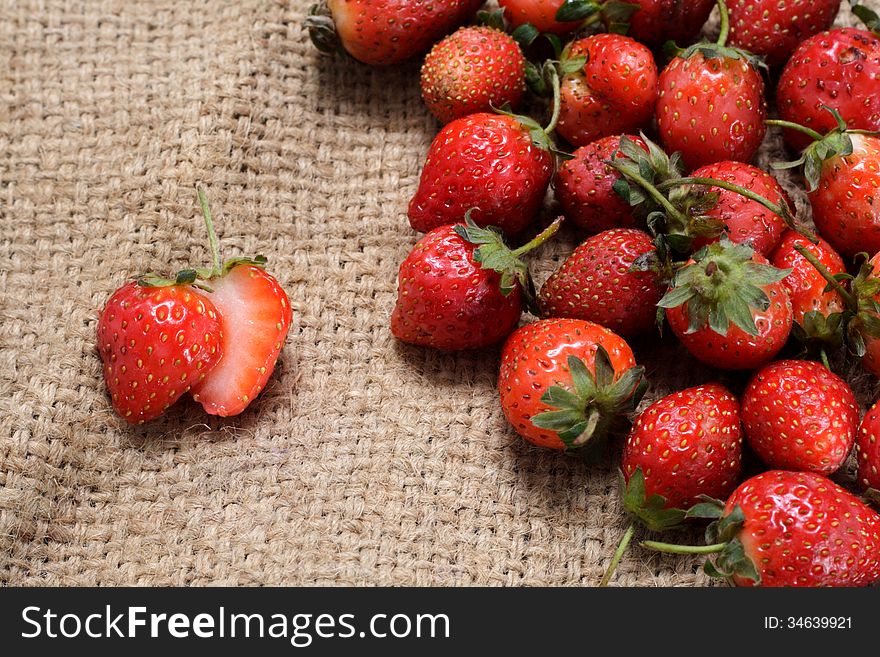 Strawberry on natural sack cloth