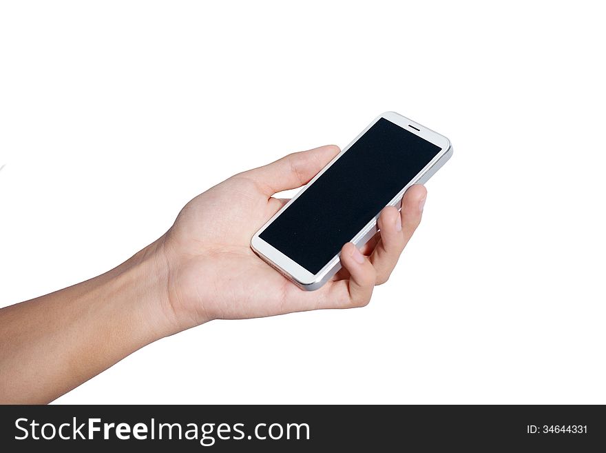 Man hand holding smart phone like , isolated on white background