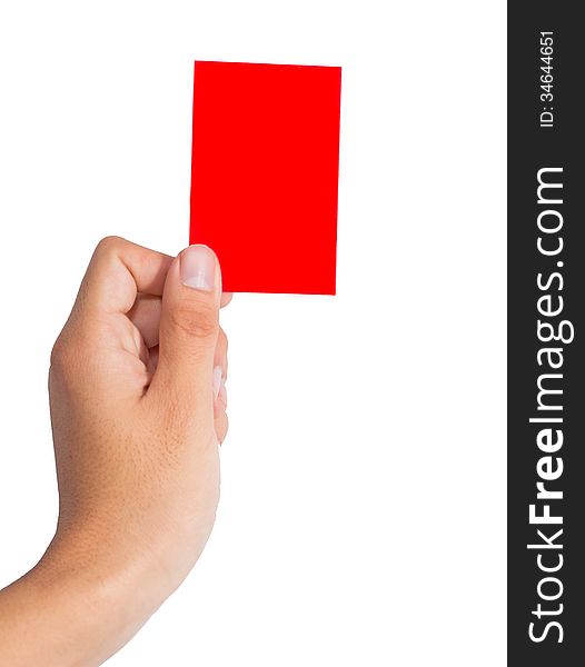 Hand holding a red card isolated on white background