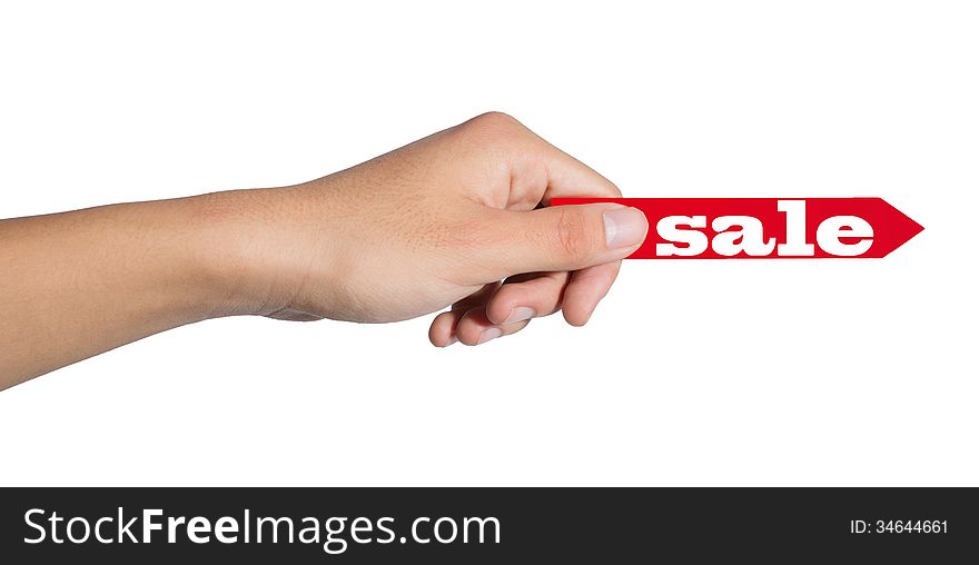 Hand to grasp the red arrow isolated on white background. Hand to grasp the red arrow isolated on white background