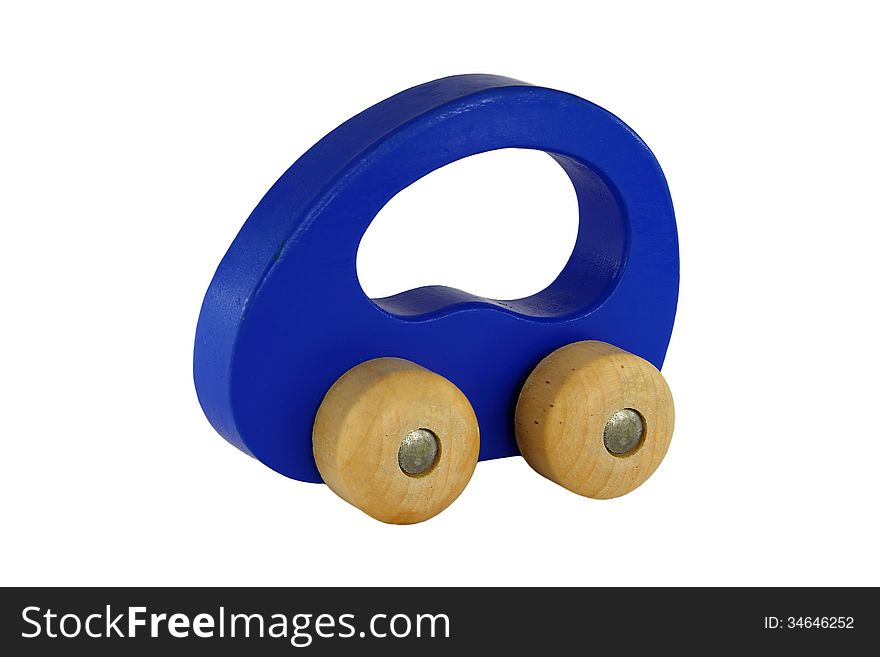 Blue wooden car toy isolated on white background. Blue wooden car toy isolated on white background