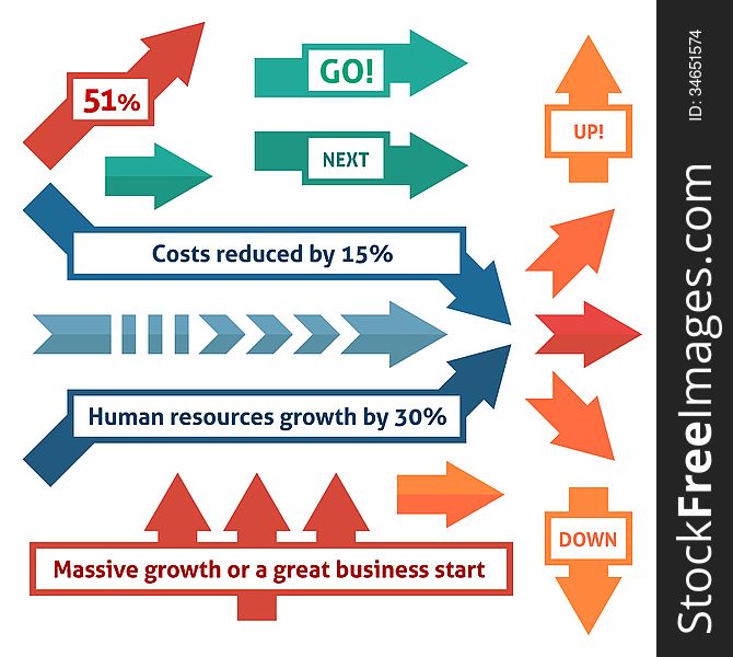 Flat arrow set with legends. Write a title and arrow direction will make an accent. Arrows for illustration of business dynamics.