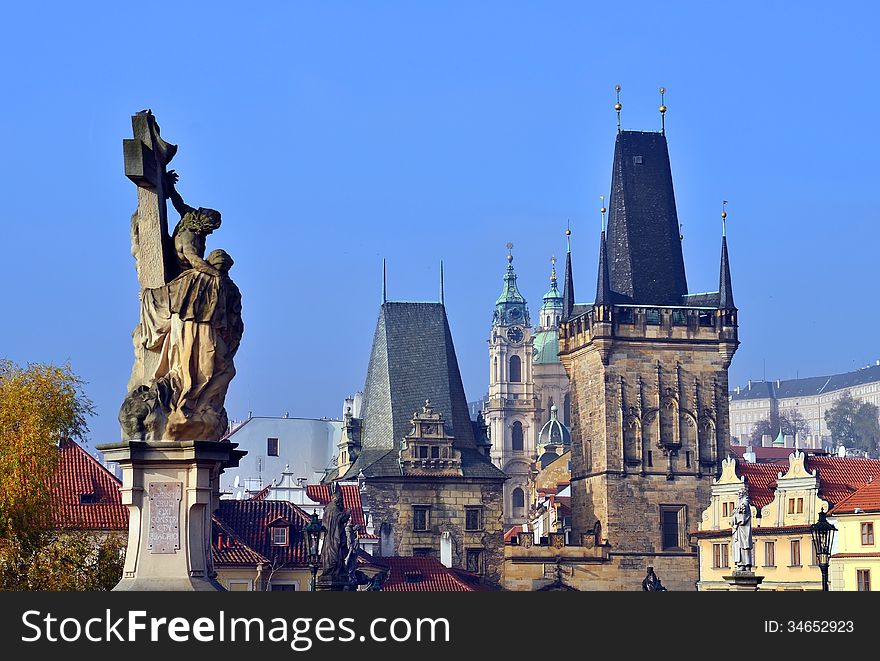 Views of the Gothic Prague near Charles Bridge, Czech Republic