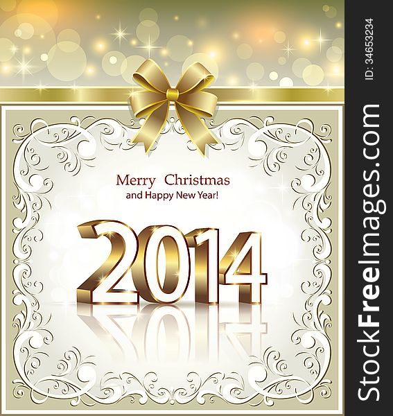 New Year 2014 greeting card on shining background in decorating. New Year 2014 greeting card on shining background in decorating