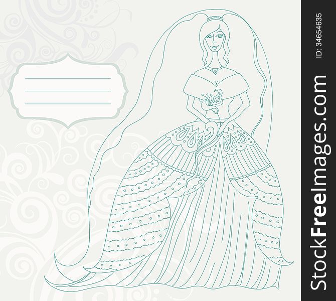 Vintage wedding card with a beautiful picture of the bride. Vector illustration. Vintage wedding card with a beautiful picture of the bride. Vector illustration.