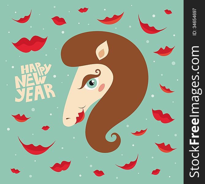 Greeting card Happy New Year Kiss of the horse with lips. Vector illustration. Greeting card Happy New Year Kiss of the horse with lips. Vector illustration.