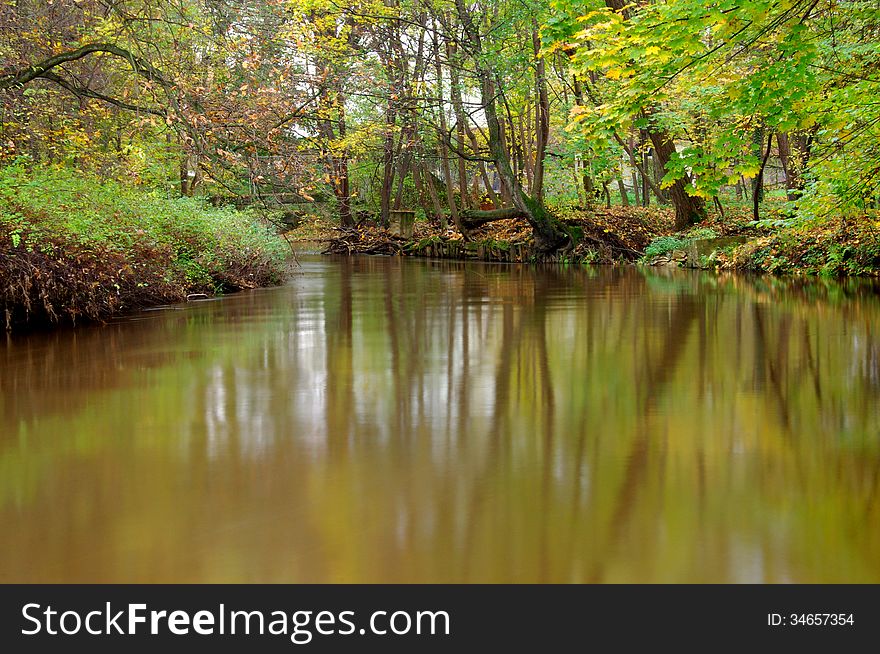 The photograph shows a small river flowing through the forest. It is autumn, the leaves are green, yellow and brown. The photograph shows a small river flowing through the forest. It is autumn, the leaves are green, yellow and brown.