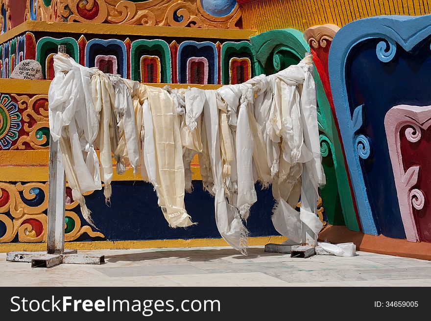 Praying flags at Buddhist monastery. India, Ladakh, Likir Gompa