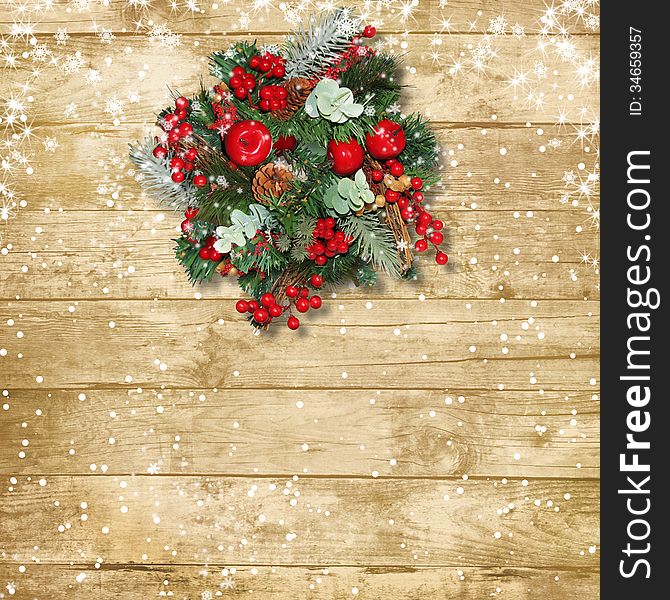 Vintage wooden background with Christmas wreath and with space for text or photo. Vintage wooden background with Christmas wreath and with space for text or photo