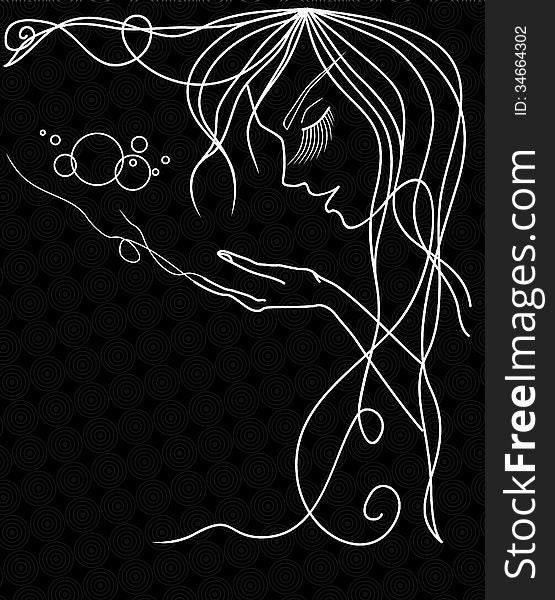 Woman Face Silhouette With Wavy Hair.