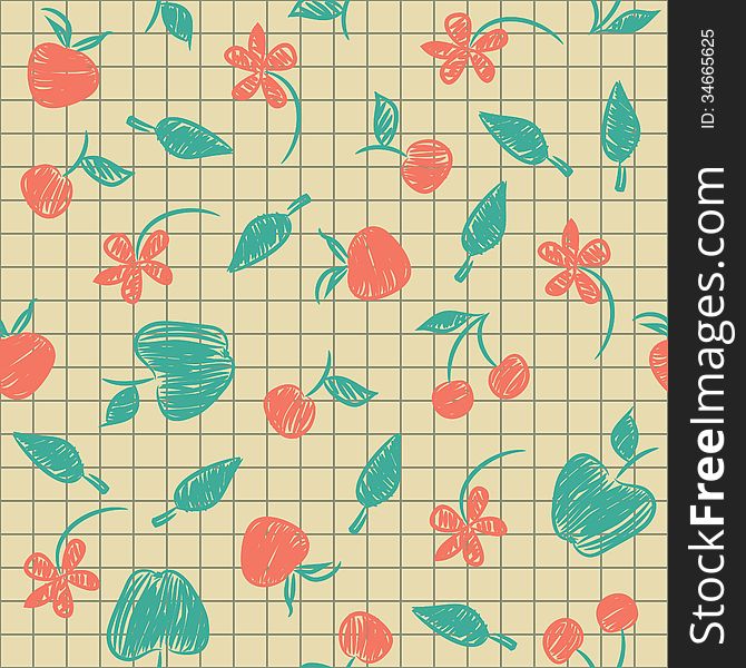 Seamless pattern sketch with fruit and berries painted on a paper.