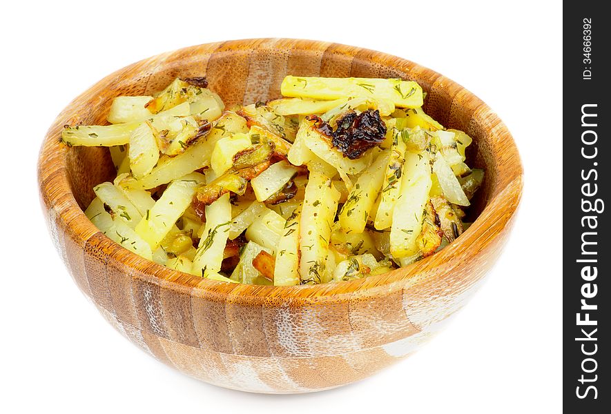 Slices of Homemade Roasted Potato with Herbs and Spices in Wooden Bowl isolated on white background
