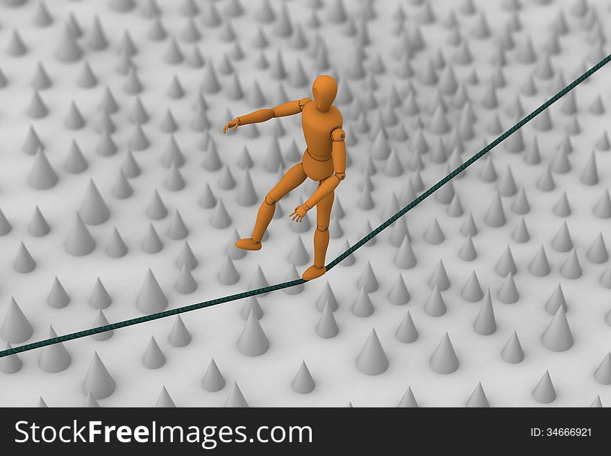 3D model of puppet robot trying to balance and walk on rope string across field of spike. 3D model of puppet robot trying to balance and walk on rope string across field of spike
