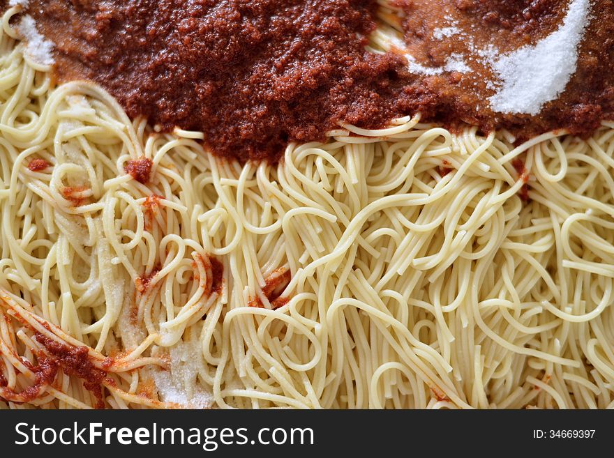 Spaghetti on the plate, design background